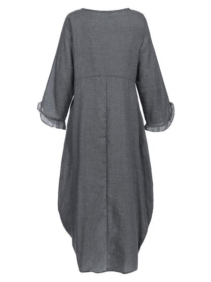 Casual Loose Solid Color Falbala Round-Neck Long Sleeves Maxi Dress