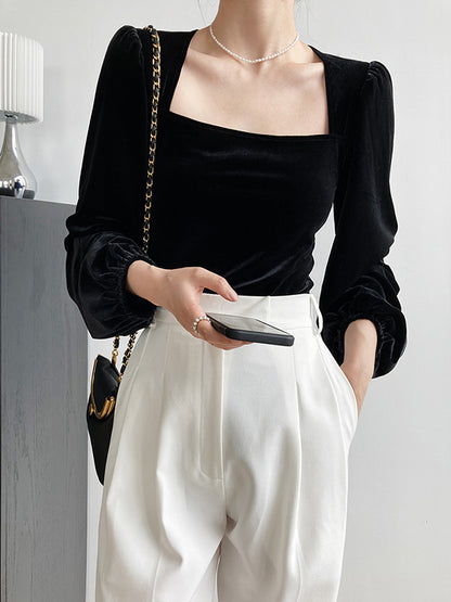 Urban Pleuche Solid Color Pleated Square-Neck Bishop Sleeves T-Shirt