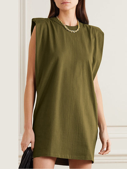 Original Solid Color Round-Neck Cap Sleeve Mini Dress