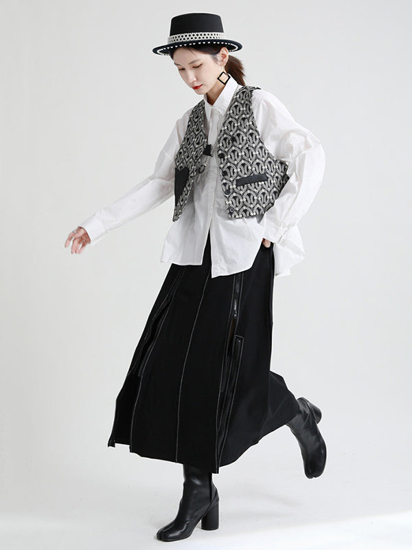 Original Irregular Solid Color Split-Joint Pleated Buttoned Lapel Collar Long Sleeves Blouse