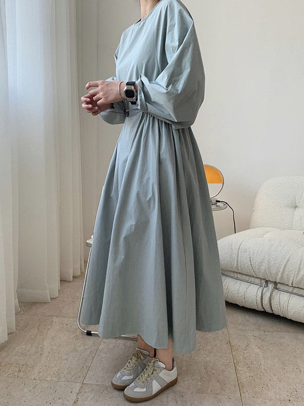 Simple Solid Color Round-Neck Pleated Long Sleeves Midi Dress