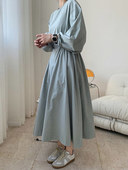 Simple Solid Color Round-Neck Pleated Long Sleeves Midi Dress