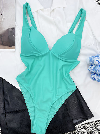 Solid Color V-Neck Backless One-Piece Swimsuit