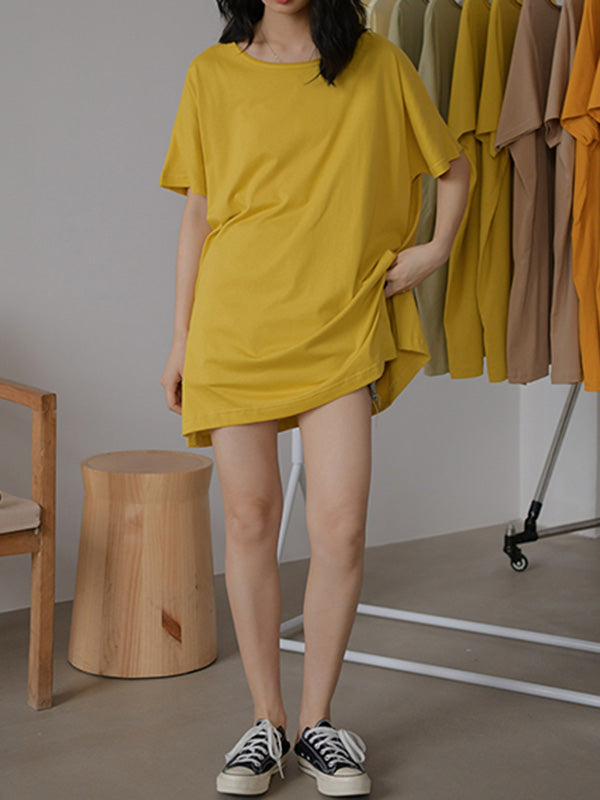 Simple Casual Loose 5 Colors Split-Side Round-Neck Short Sleeves T-Shirt Tops