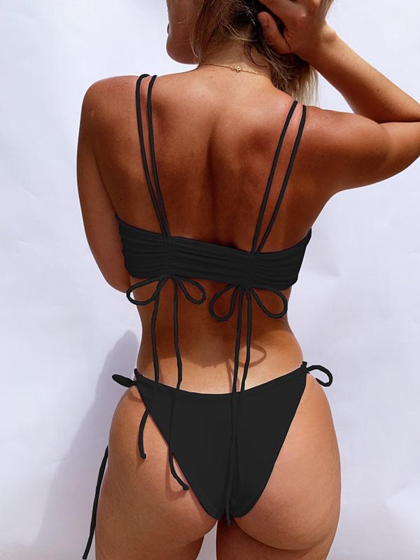 Solid Color Lace-Up Bikini Swimsuit