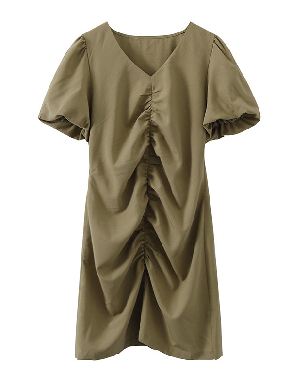 Urban Pleated Solid Color V-Neck Bishop Sleeve Mini Dress