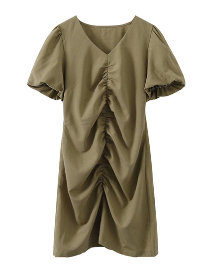 Urban Pleated Solid Color V-Neck Bishop Sleeve Mini Dress