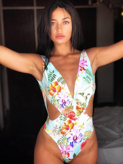 Printed Crop Backless One Piece Swimsuit