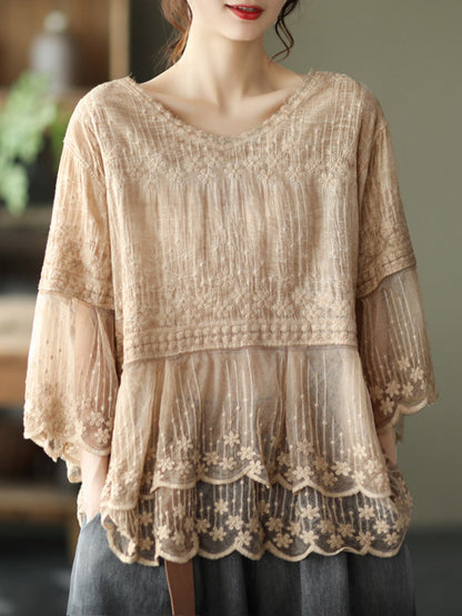 Original Embroidered Split-Joint Hollow T-Shirts Tops