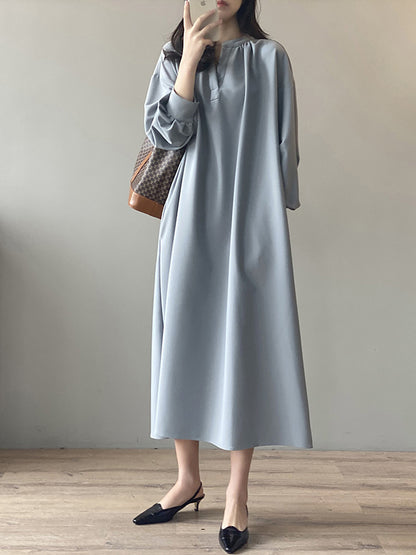 Urban Simple Solid Color Pleated Tied V-Neck Long Sleeves Midi Dress