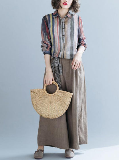 Lapel Striped Blouse&Solid Wide Leg Pants Suits