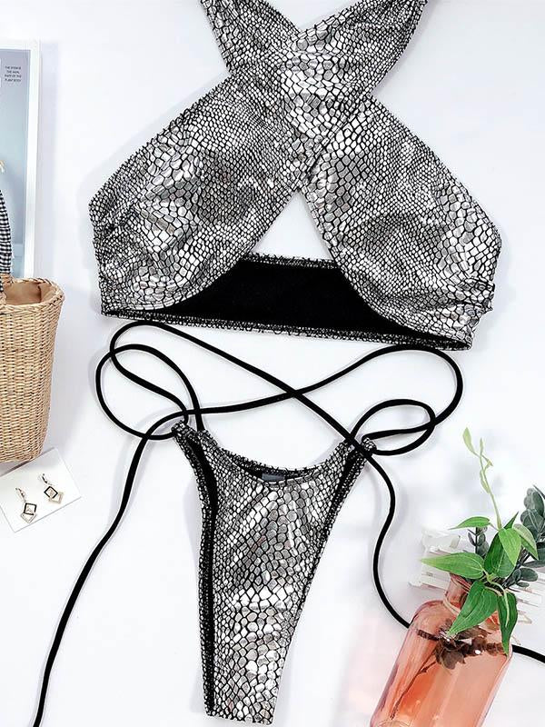 Snake-Print Bandage Split Bikini Swimsuit