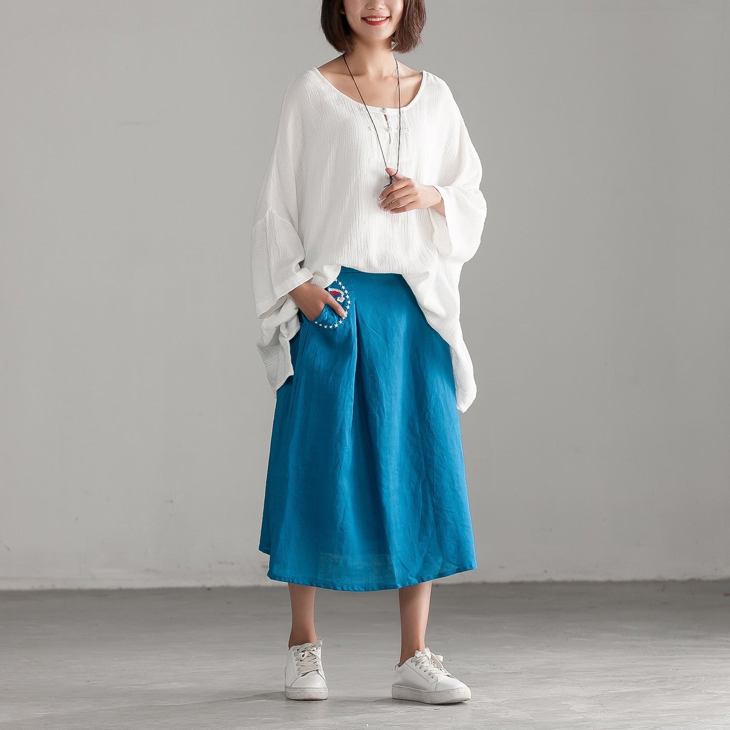Embroidery Blue Casual Cotton Linen Calf Length Skirt