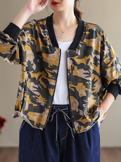 Casual Zipper V-Neck Camouflage Printed Long Sleeves Outerwear