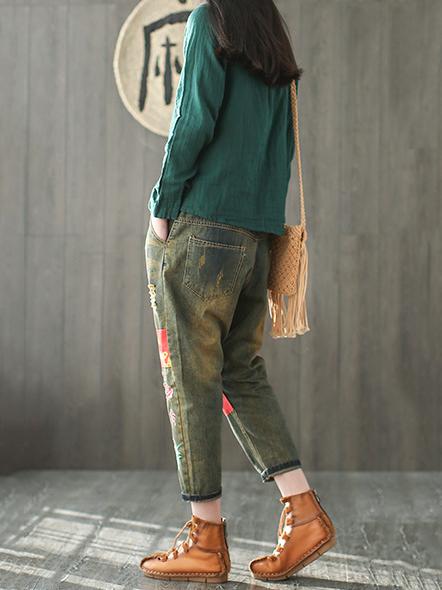 Ramie Cotton Solid Diagonal Button-design Shirt Top