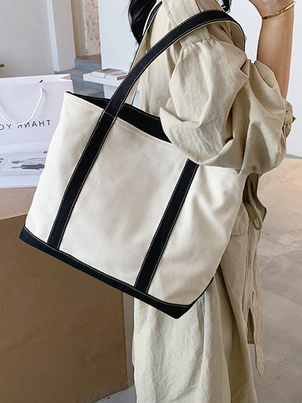 Simple Split-Joint Canvas Shoulder Bag Tote Bag