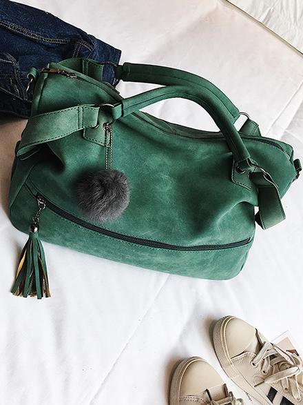 Solid Pompom Trimming Shoulder Bag
