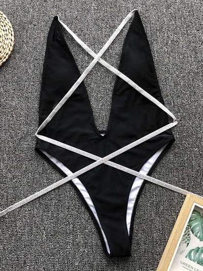 Plain Lace Up Backless One Piece Swimsuit