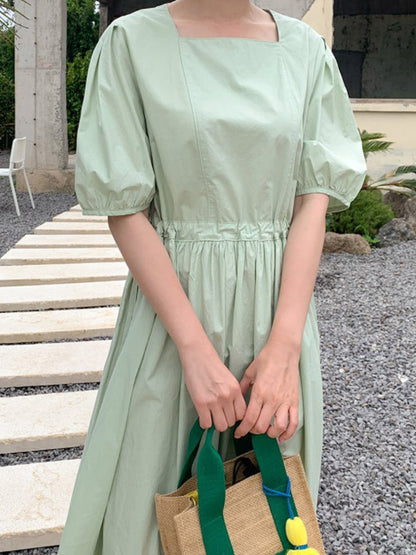 Casual Loose Solid Color Pleated Drawstring Square-Neck Bishop Sleeves Midi Dress