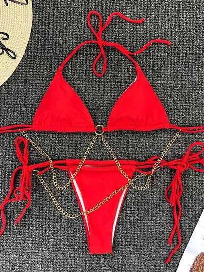 Solid Color Chain Bandage Split Bikini Swimsuit