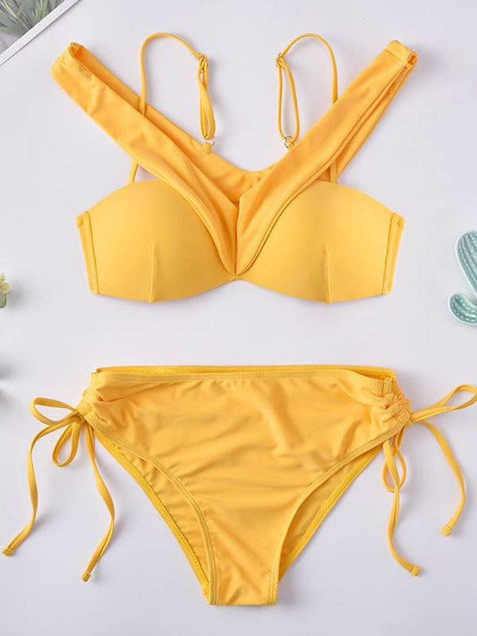 Solid Color Off-The-Shoulder Split Bikini Swimsuit