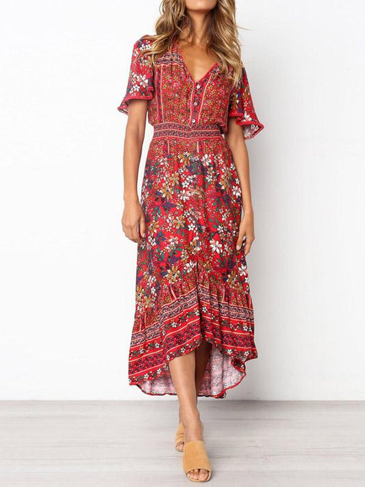 Printed Flared Sleeve Bohemian Flowers Maxi Dress