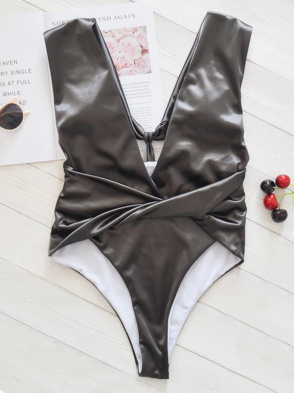 Wet Look Gathered Split Bikini Swimsuit