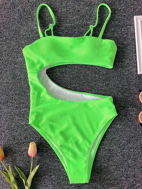 Solid Color Asymmetric Hollow One-Piece Swimwear