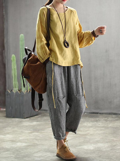 Vintage Split-joint Elasticity Ramie Cotton Harem Pants