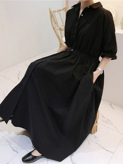 Casual Loose Solid Color Buttoned Pleated Lapel Collar Raglan Sleeves Midi Shirt Dress