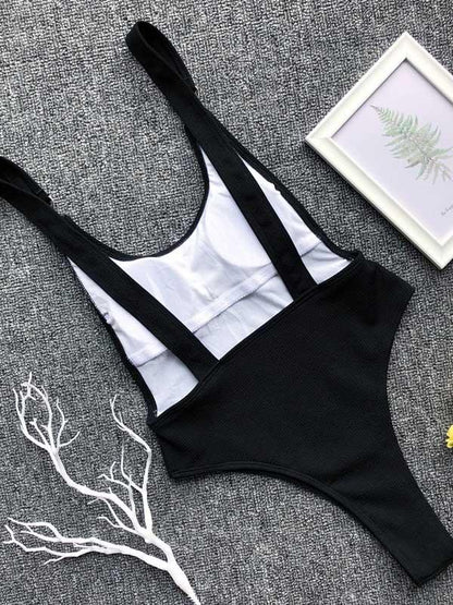 Ribbed Plain Wide Strap One-piece Swimsuit