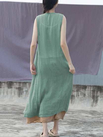 Literary Sleeveless Ramie Cotton Long Dress