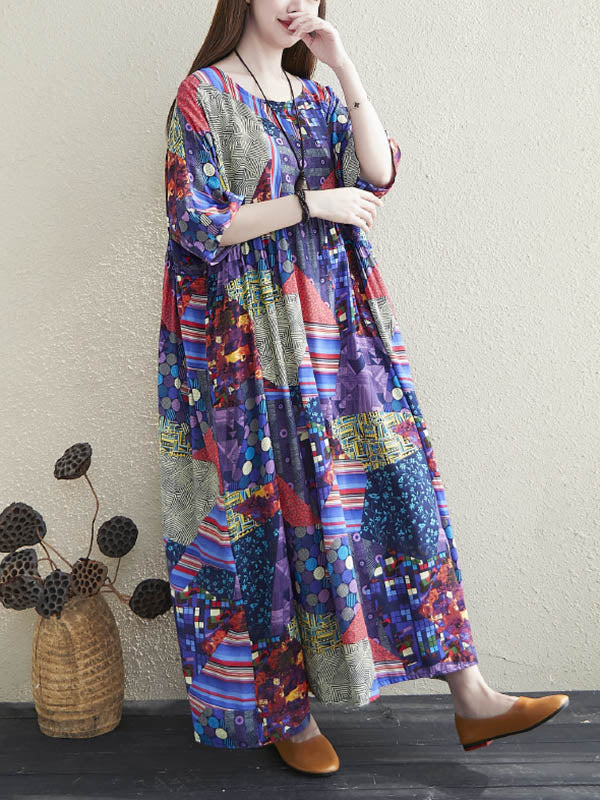Loose Floral Printed Pleated Round-Neck Half Sleeves Midi Dress