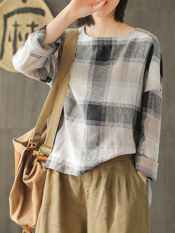 Ramie Cotton Plaid High-low Loose Fresh Shirt Top