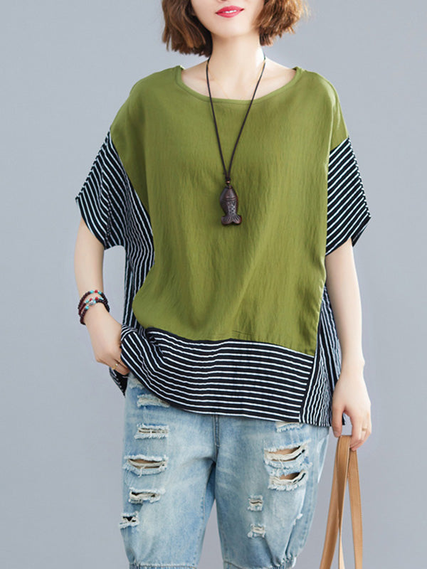 Vintage Ramie Cotton Striped Split-Joint Batwing Sleeves Round-Neck T-Shirt