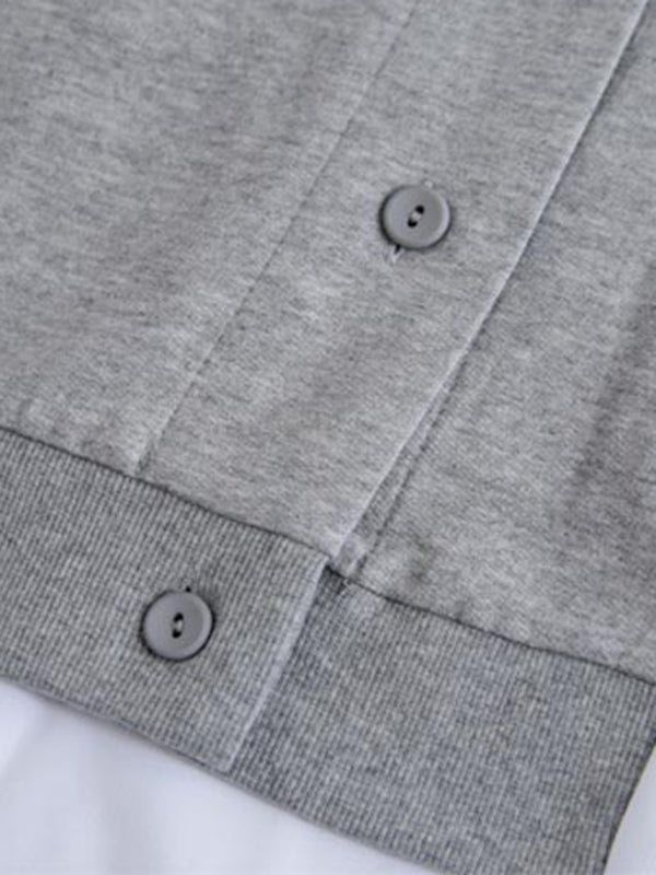 Casual Loose Color Matching Buttoned Split-Joint Split-Side High-Low Round-Neck Long Sleeves Sweatshirt