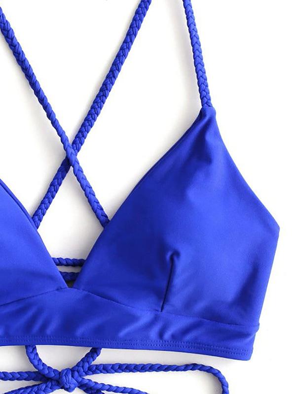 Solid Color Backless Bandage Split Bikini Swimsuit