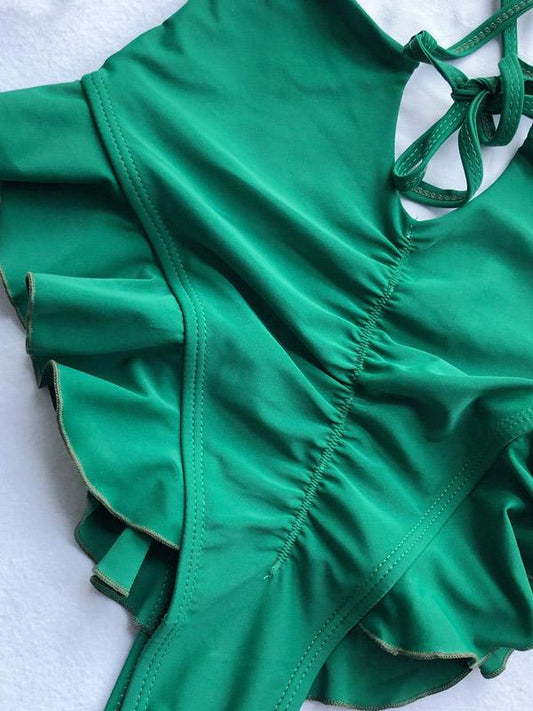 Plain Falbala Backless One Piece Swimsuit