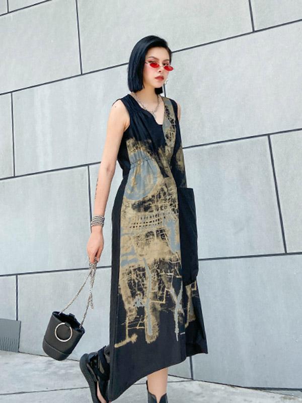 Original Prited V-Neck Sleeveless Dress