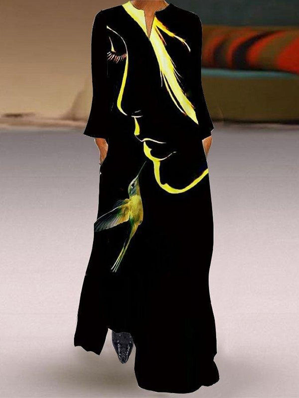 Casual Long Sleeves Printed V-Neck Maxi Dresses