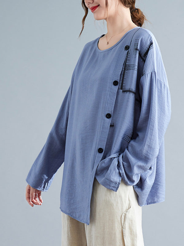Casual Asymmetric Buttoned Round-Neck Long Sleeves T-Shirt Tops