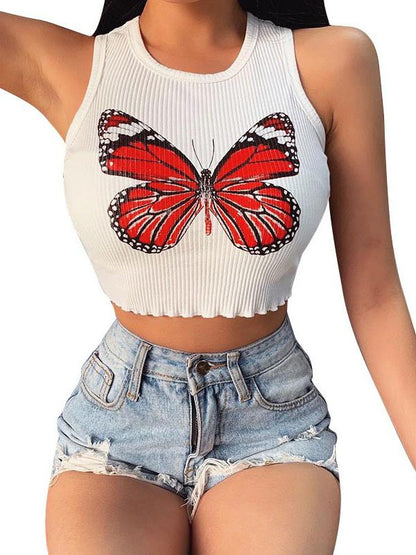 Fashion Butterfly Printed Wrap Sleeveless Vest Top