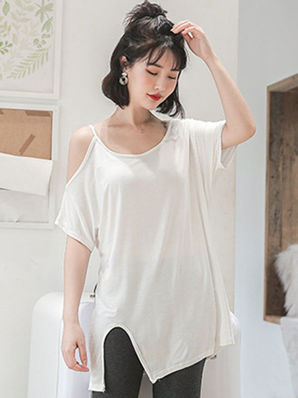 Casual Solid Color Asymmetric Cold Shoulder Spaghetti-Neck T-Shirt