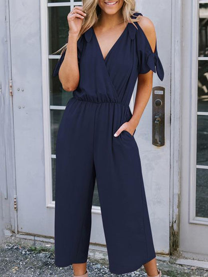 Bow-embellished V-neck Cold-shoulder Jumpsuits