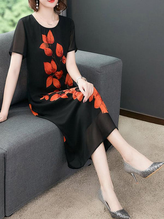 Chiffon Loose Leaves Print Dress