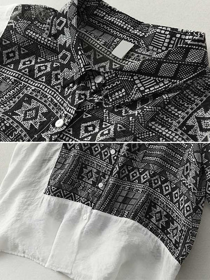 Original Printing Half Sleeve Lapel Blouse Tops