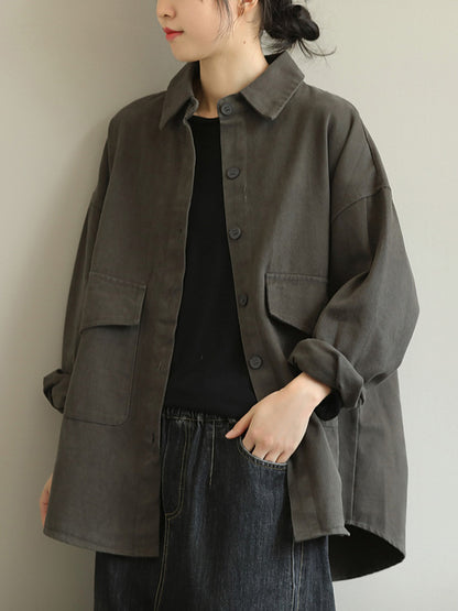 Simple Buttoned Solid Color Lapel Batwing Sleeve Outerwear