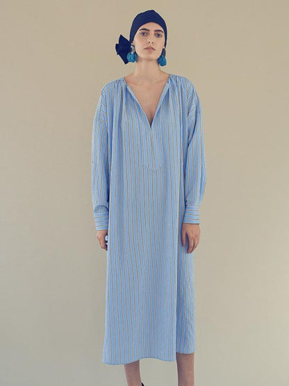 Blue Striped Split-side V-neck Midi Dress
