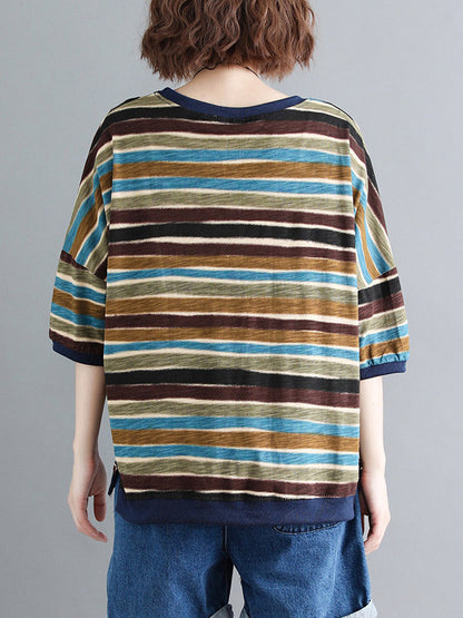 Casual Contrast Color Striped Short Sleeves T-Shirt Top