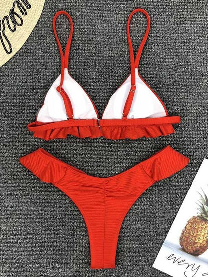 Solid Falbala With Panty Bikini Set